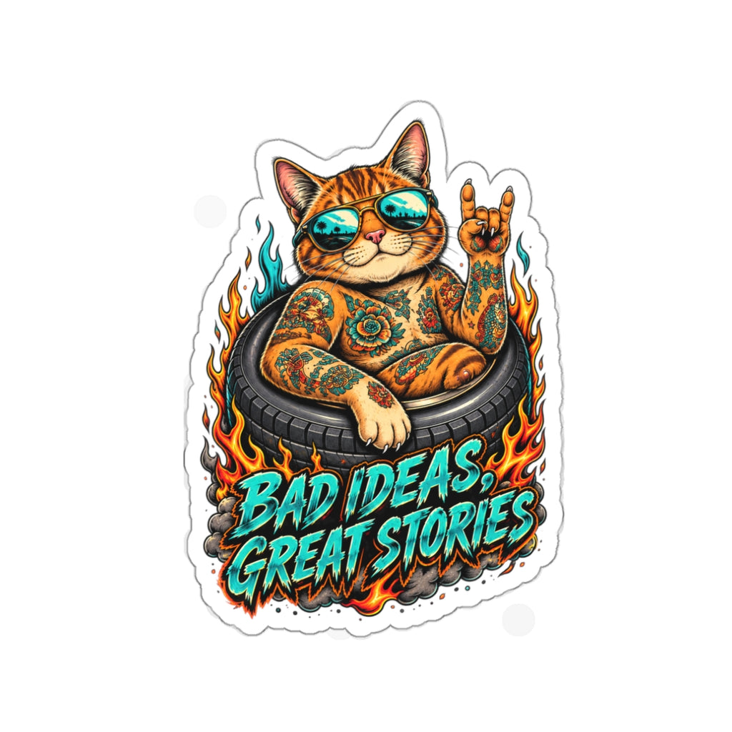 Tattooed Cat in Tire Die-Cut Sticker | 'Bad Ideas, Great Stories'