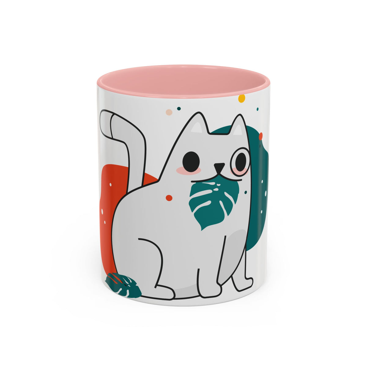 Cute Cat Coffee Mug  Playful White Cat with Tropical Leaf Accent 11oz 15oz