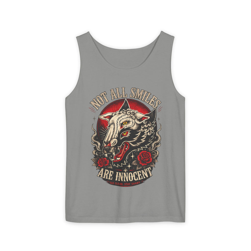 Not All Smiles Are Innocent Tank Top Gothic Wolf Shirt Alternative Streetwear Tattoo Style Muscle Tank Dark Aesthetic Gym Shirt