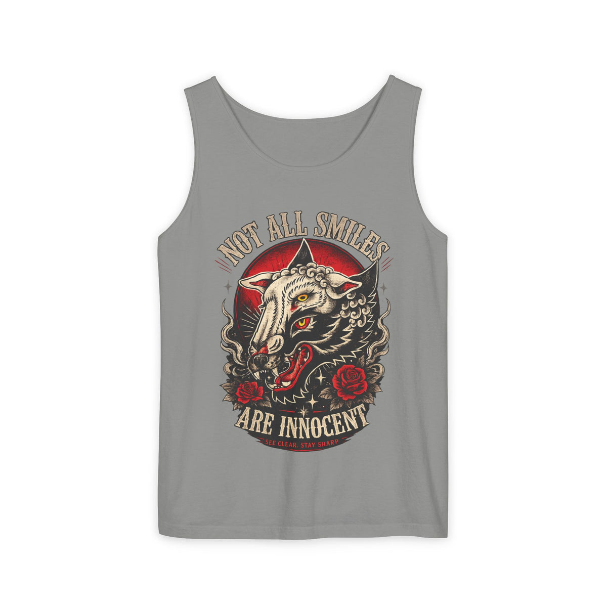 Not All Smiles Are Innocent Tank Top Gothic Wolf Shirt Alternative Streetwear Tattoo Style Muscle Tank Dark Aesthetic Gym Shirt