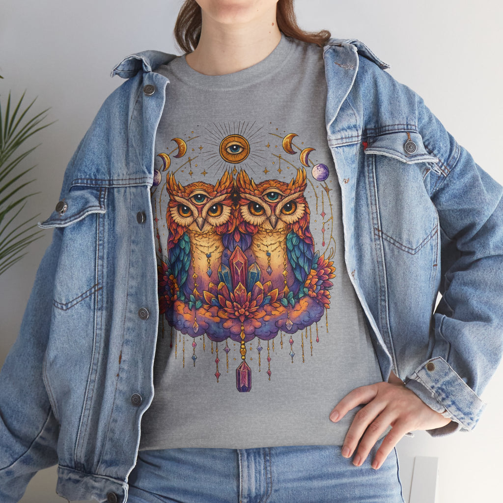 Mystical Triple Owl Illustration Tee Boho Moon Mystical Owl Shirt Boho Owl Graphic Tee Celestial Nature Shirt Spiritual Animal T Shirt