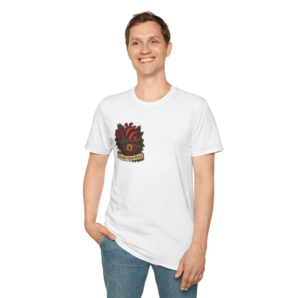 Guard Your Peace Heart graphic T-Shirt | anatomical heart, rose, lock