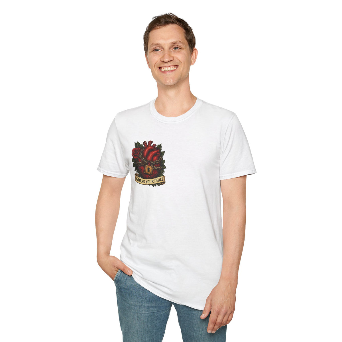 Guard Your Peace Heart graphic T-Shirt | anatomical heart, rose, lock