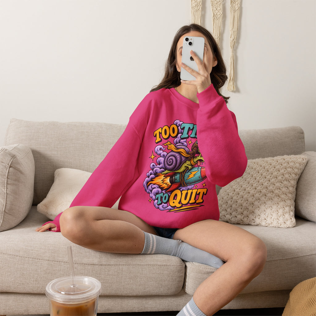 Too Tired to Quit Sweatshirt | Rocket Sloth Illustration, Motivational Retro