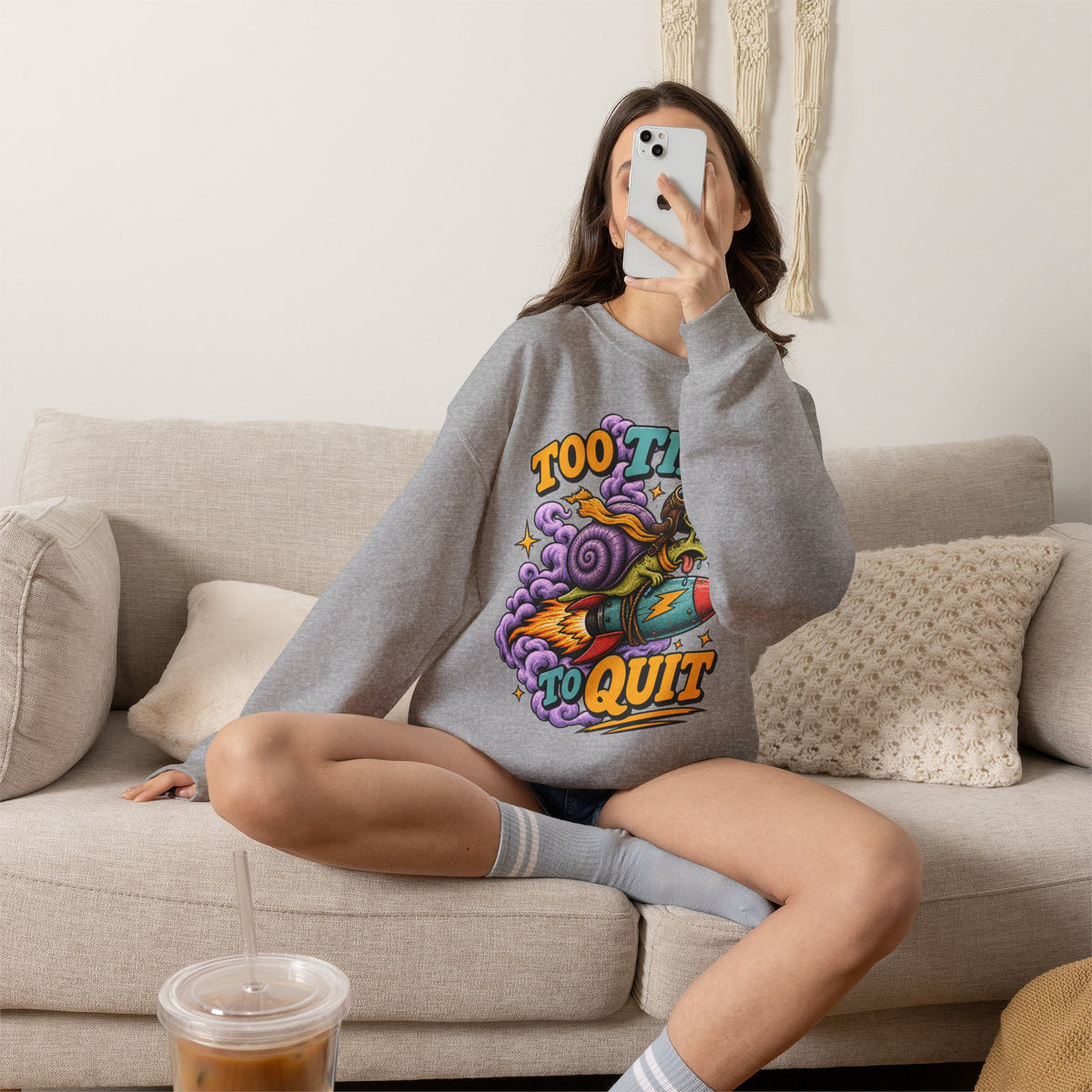 Too Tired to Quit Sweatshirt | Rocket Sloth Illustration, Motivational Retro