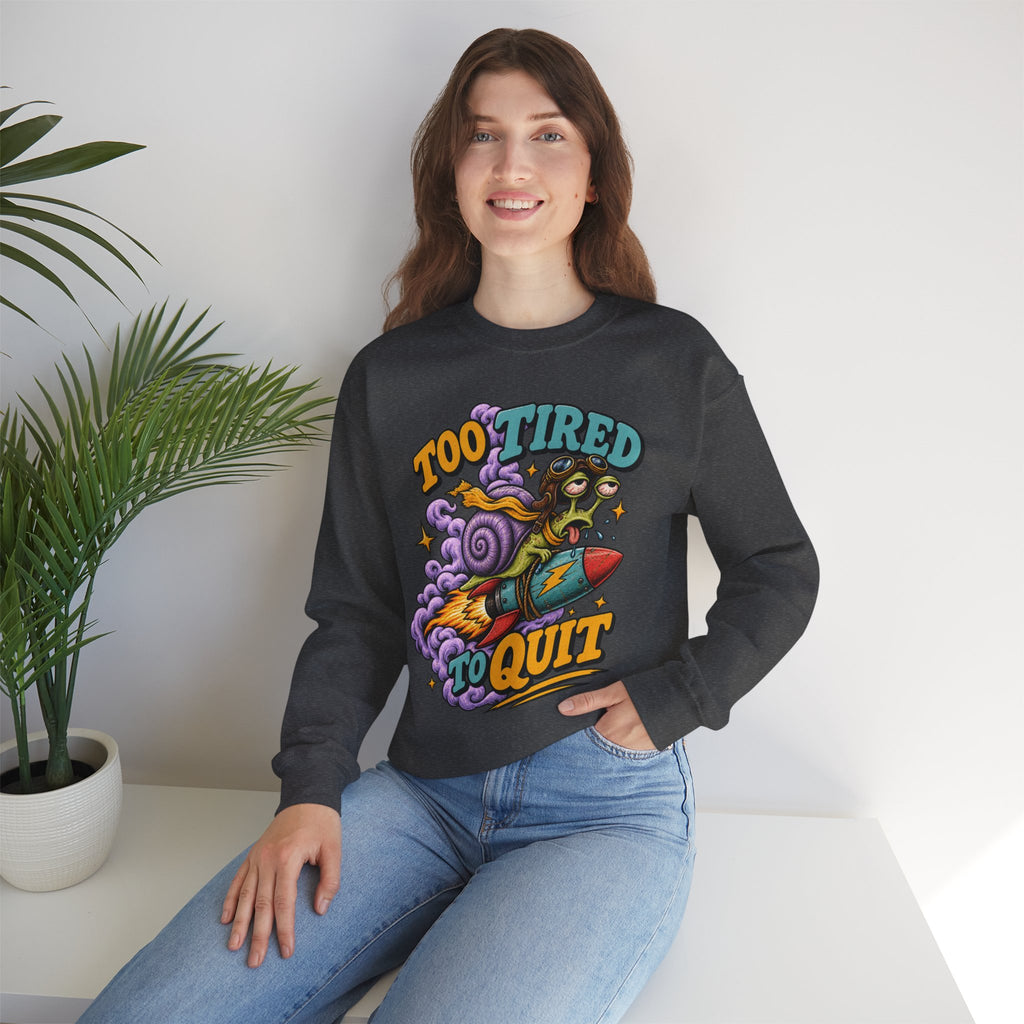 Too Tired to Quit Sweatshirt | Rocket Sloth Illustration, Motivational Retro