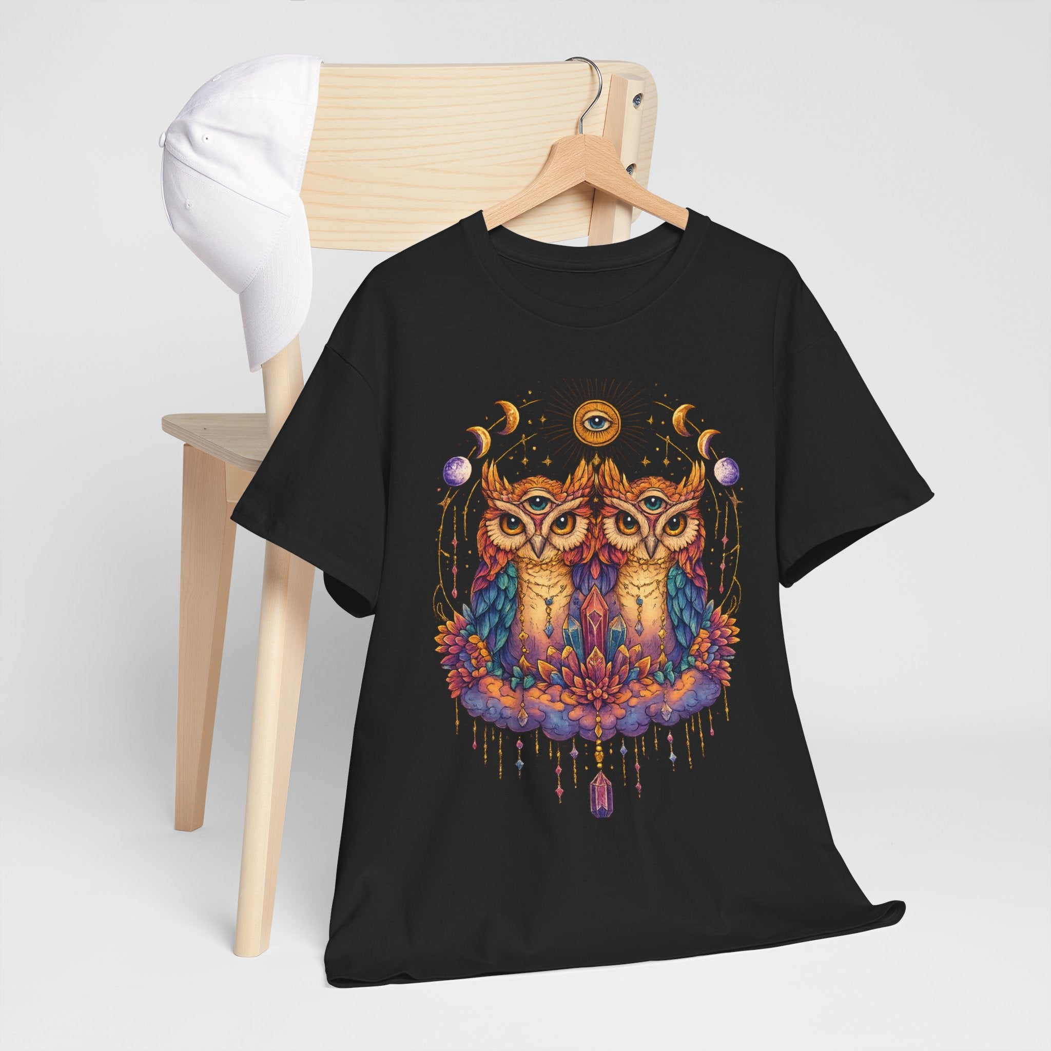 Mystical Triple Owl Illustration Tee Boho Moon Mystical Owl Shirt Boho Owl Graphic Tee Celestial Nature Shirt Spiritual Animal T Shirt