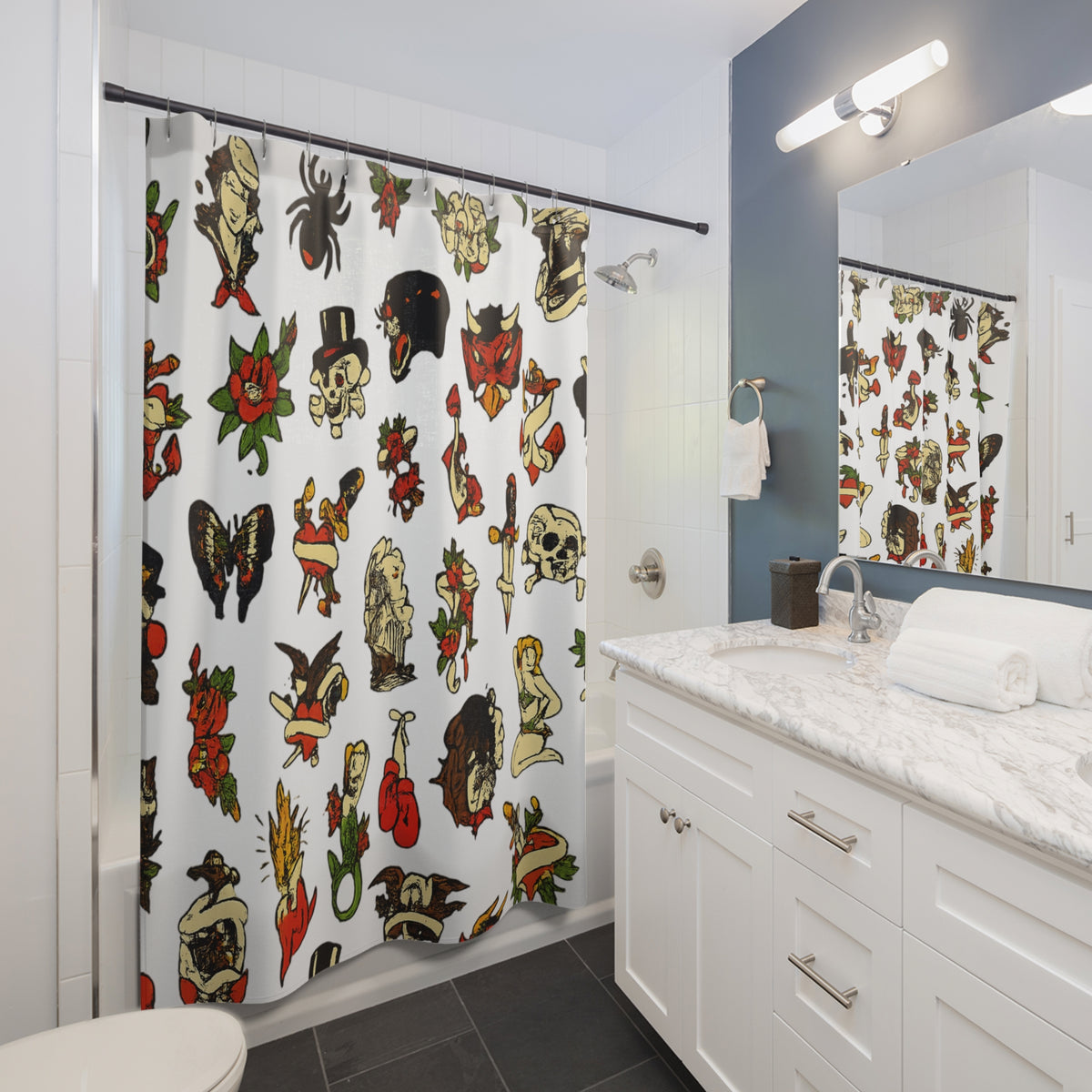Traditional Tattoo Flash Shower Curtain Gothic Bathroom Decor Vintage Tattoo Art Bathroom Aesthetic Alternative Home Decor Punk Rock