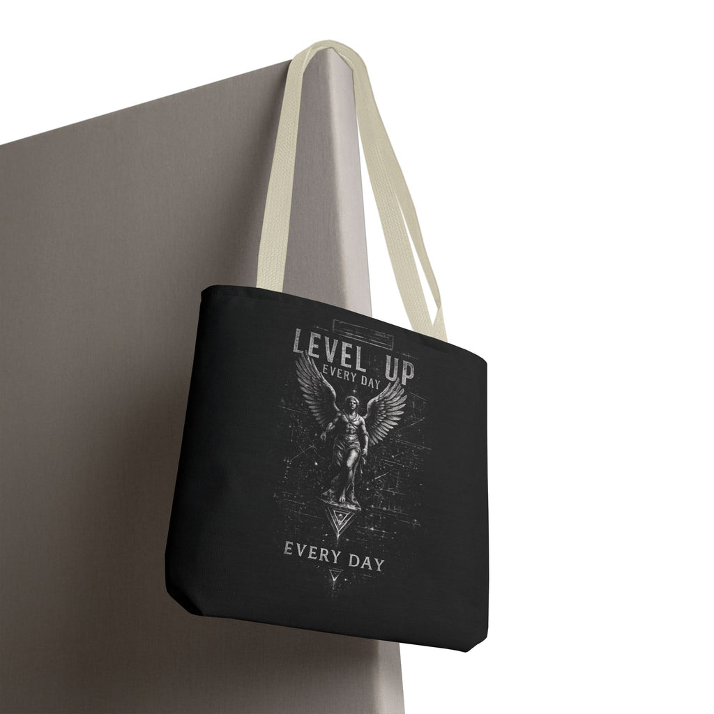 Level Up Every Day Angel Statue Tote Bag — Motivational Graphic Tote for Gamers & Fitness Fans