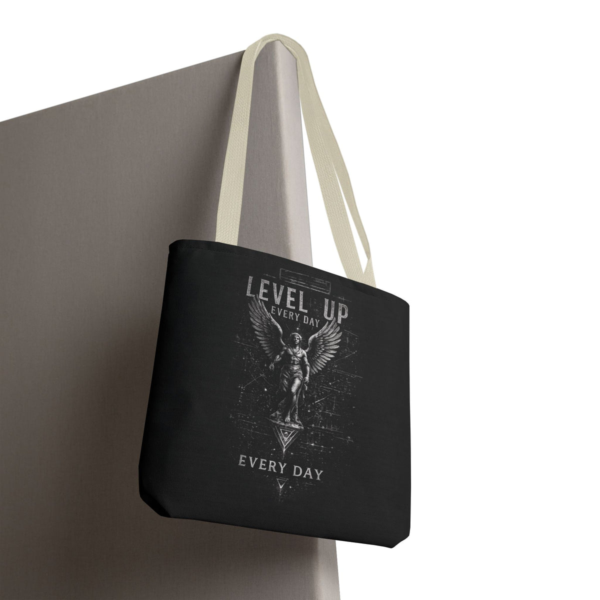 Level Up Every Day Angel Statue Tote Bag — Motivational Graphic Tote for Gamers & Fitness Fans