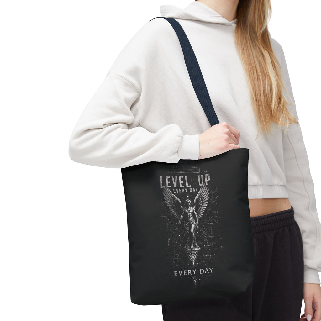 Level Up Every Day Angel Statue Tote Bag — Motivational Graphic Tote for Gamers & Fitness Fans