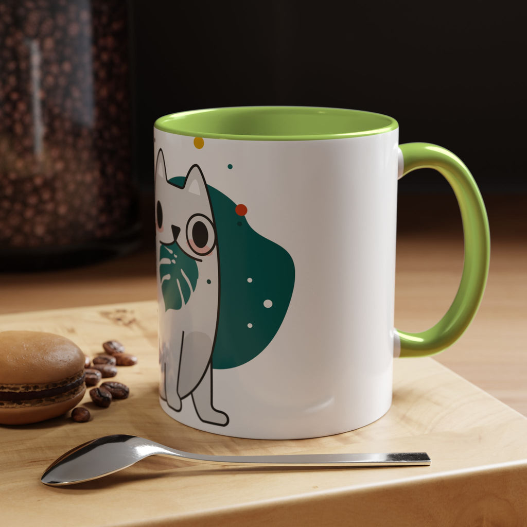 Cute Cat Coffee Mug  Playful White Cat with Tropical Leaf Accent 11oz 15oz