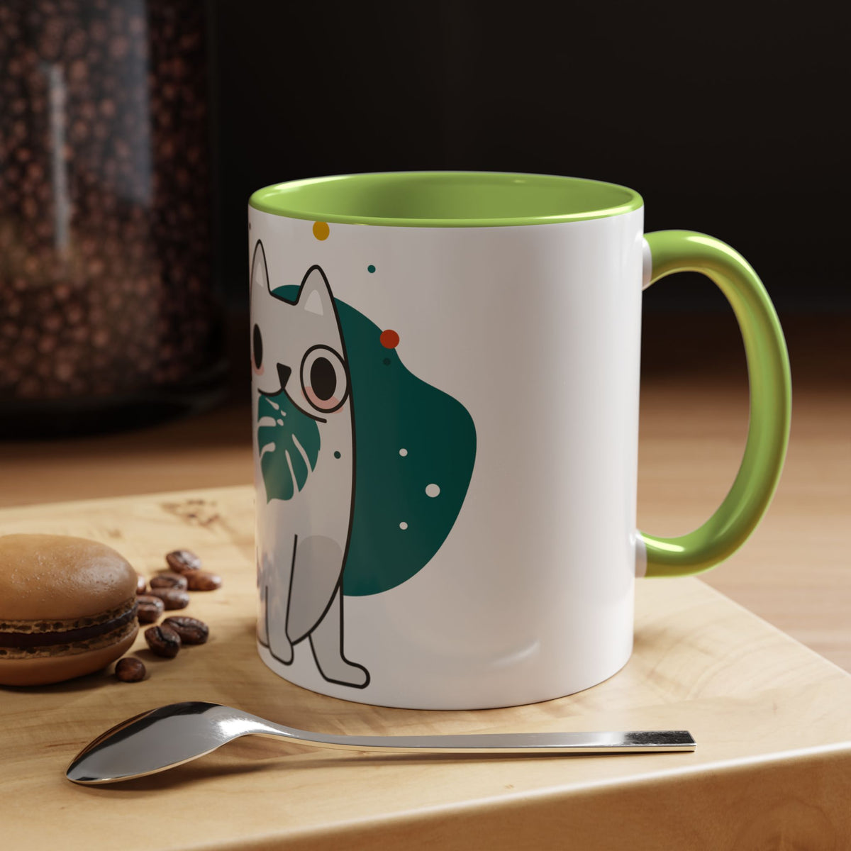 Cute Cat Coffee Mug  Playful White Cat with Tropical Leaf Accent 11oz 15oz