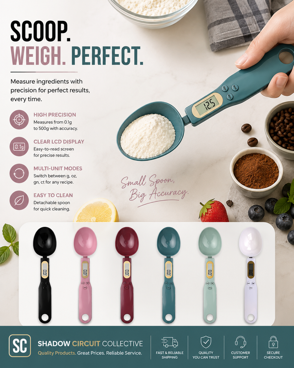 Measure Every Ingredient with Confidence | Digital Spoon Scale for Coffee, Baking, Meal Prep & Pet Food (0.1g Precision LCD Kitchen Scale)