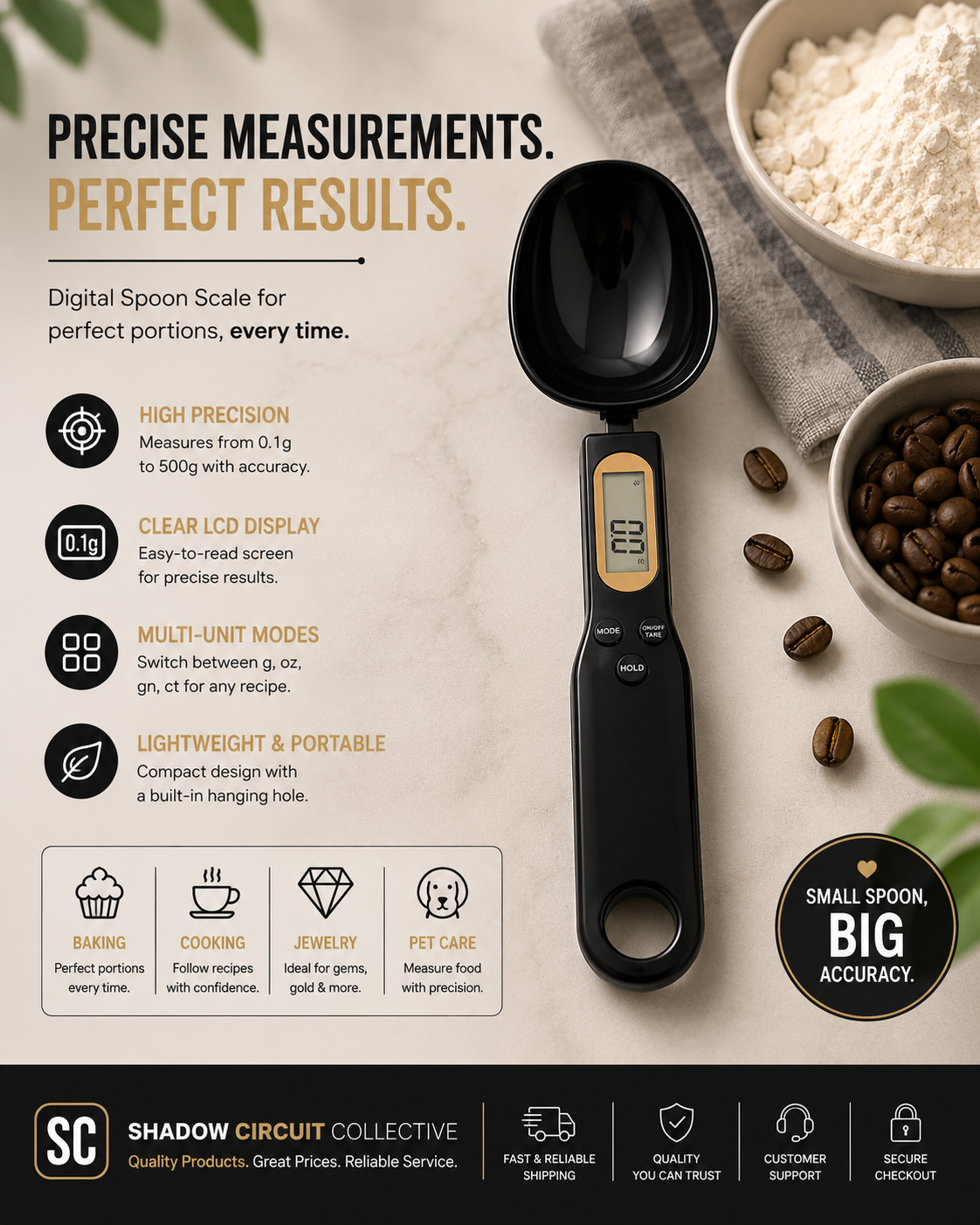 Measure Every Ingredient with Confidence | Digital Spoon Scale for Coffee, Baking, Meal Prep & Pet Food (0.1g Precision LCD Kitchen Scale)