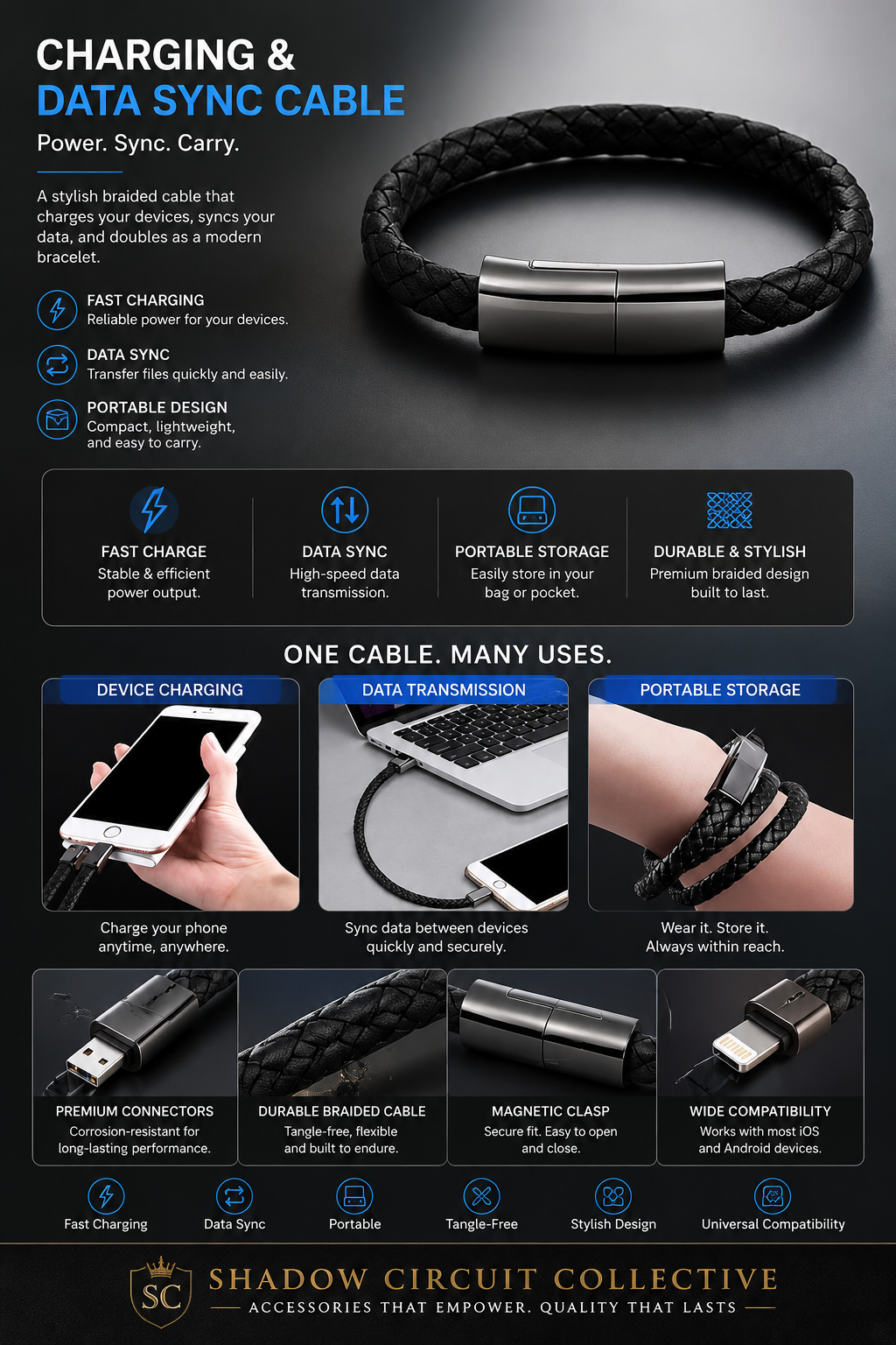 Never Get Caught Without a Charger Again | 2-in-1 USB-C Charging Cable Bracelet for iPhone, Android & More