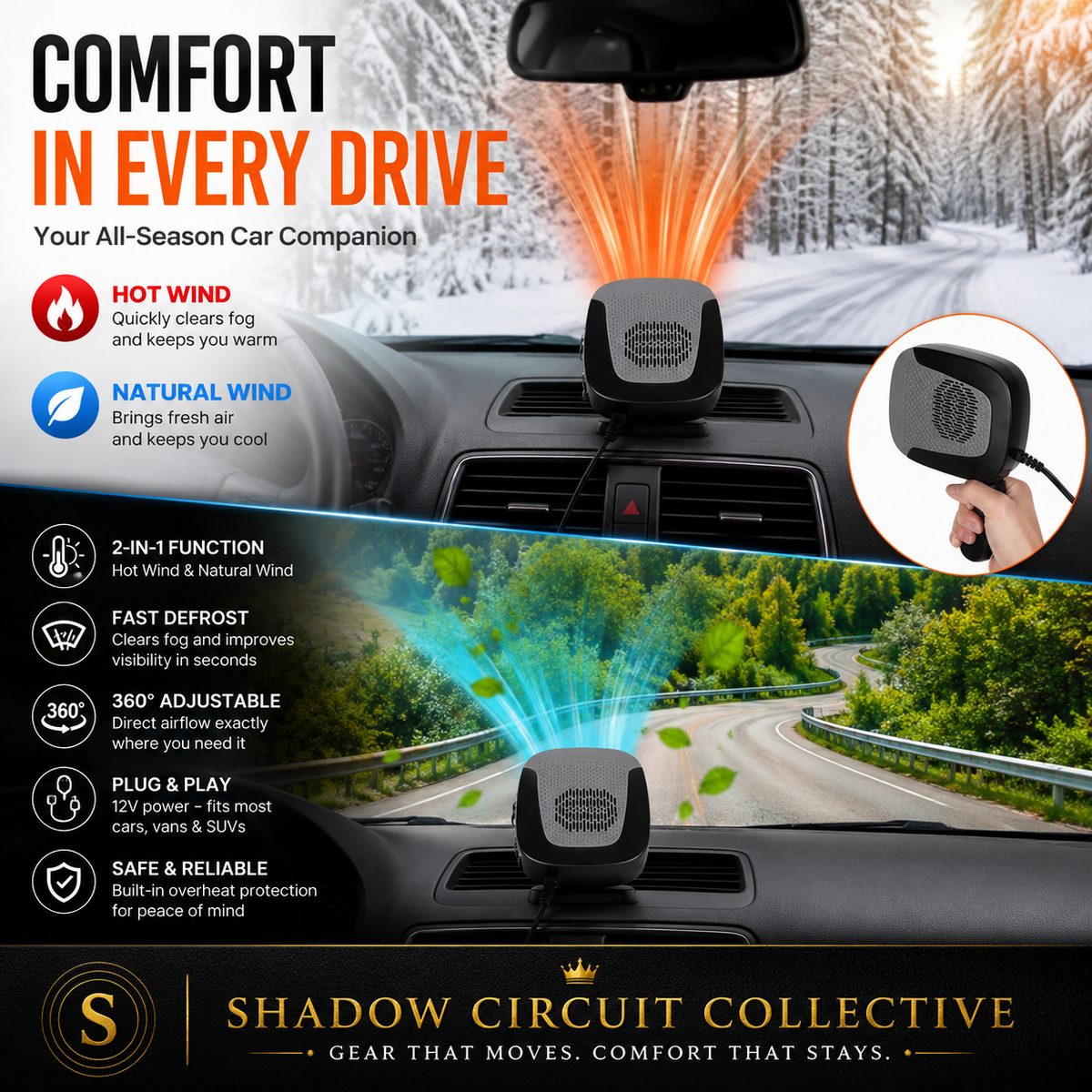 Stop Freezing on Every Drive | 150W Portable Car Heater & Cooling Fan | Fast Windshield Defroster | 360° Adjustable | 12V Plug-In Car Heater for Cars, SUVs, Trucks & Vans