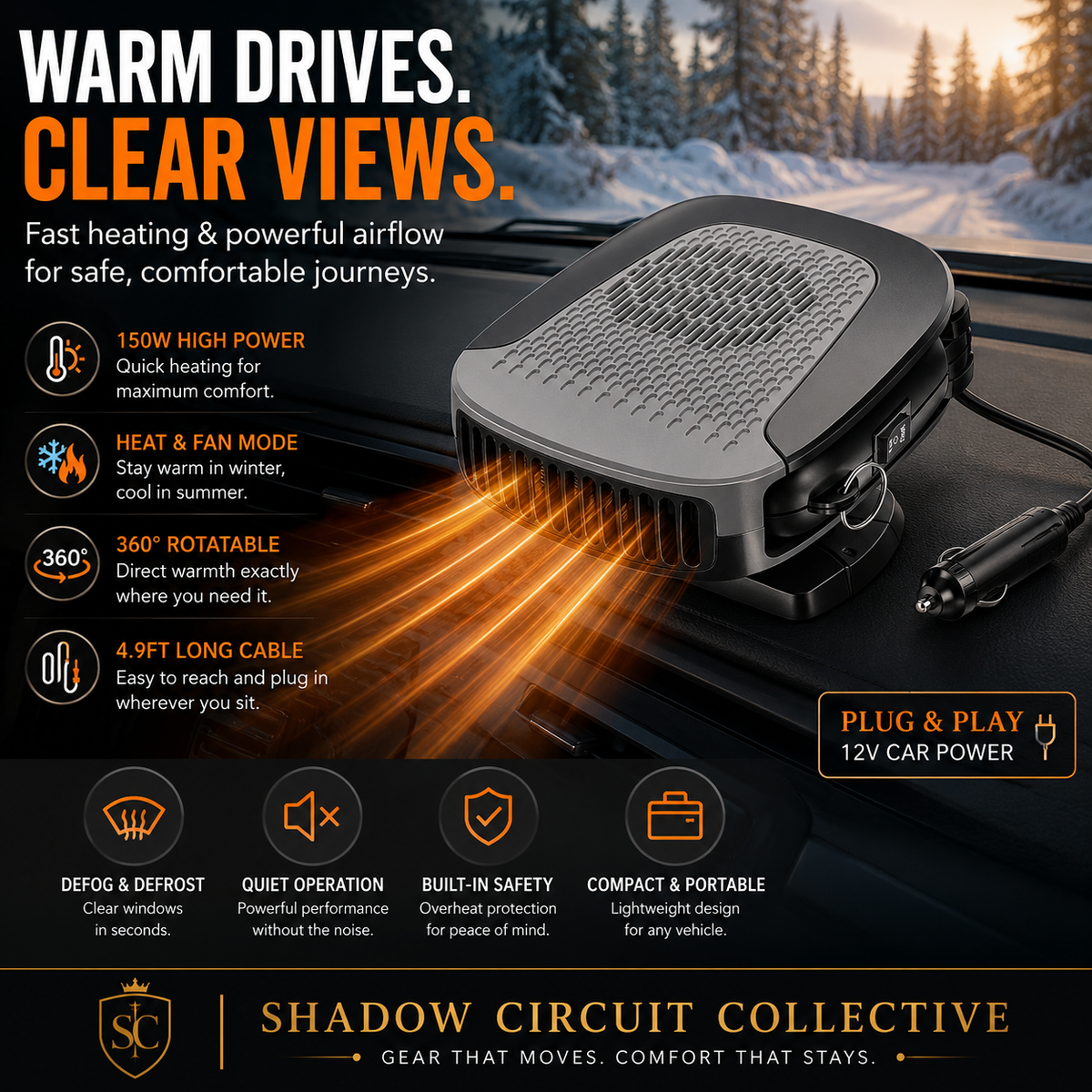 Stop Freezing on Every Drive | 150W Portable Car Heater & Cooling Fan | Fast Windshield Defroster | 360° Adjustable | 12V Plug-In Car Heater for Cars, SUVs, Trucks & Vans
