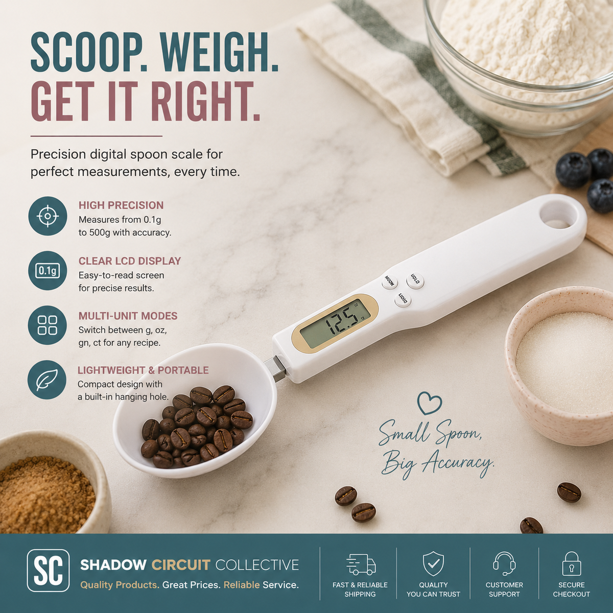 Measure Every Ingredient with Confidence | Digital Spoon Scale for Coffee, Baking, Meal Prep & Pet Food (0.1g Precision LCD Kitchen Scale)