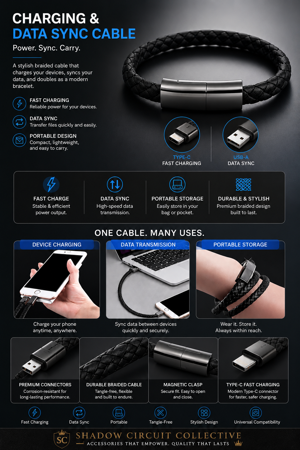 Never Get Caught Without a Charger Again | 2-in-1 USB-C Charging Cable Bracelet for iPhone, Android & More
