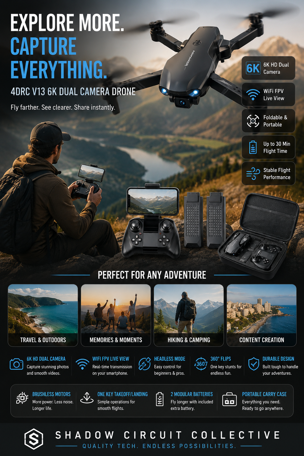 Capture Every Adventure in Stunning 6K | Foldable Dual Camera Drone with 2 Batteries