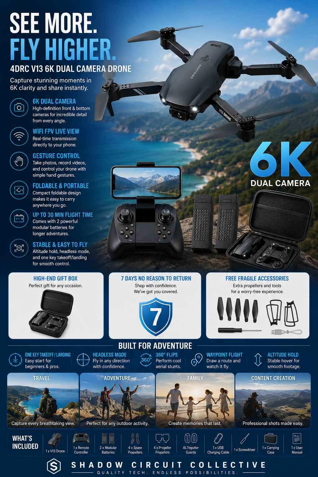 Capture Every Adventure in Stunning 6K | Foldable Dual Camera Drone with 2 Batteries
