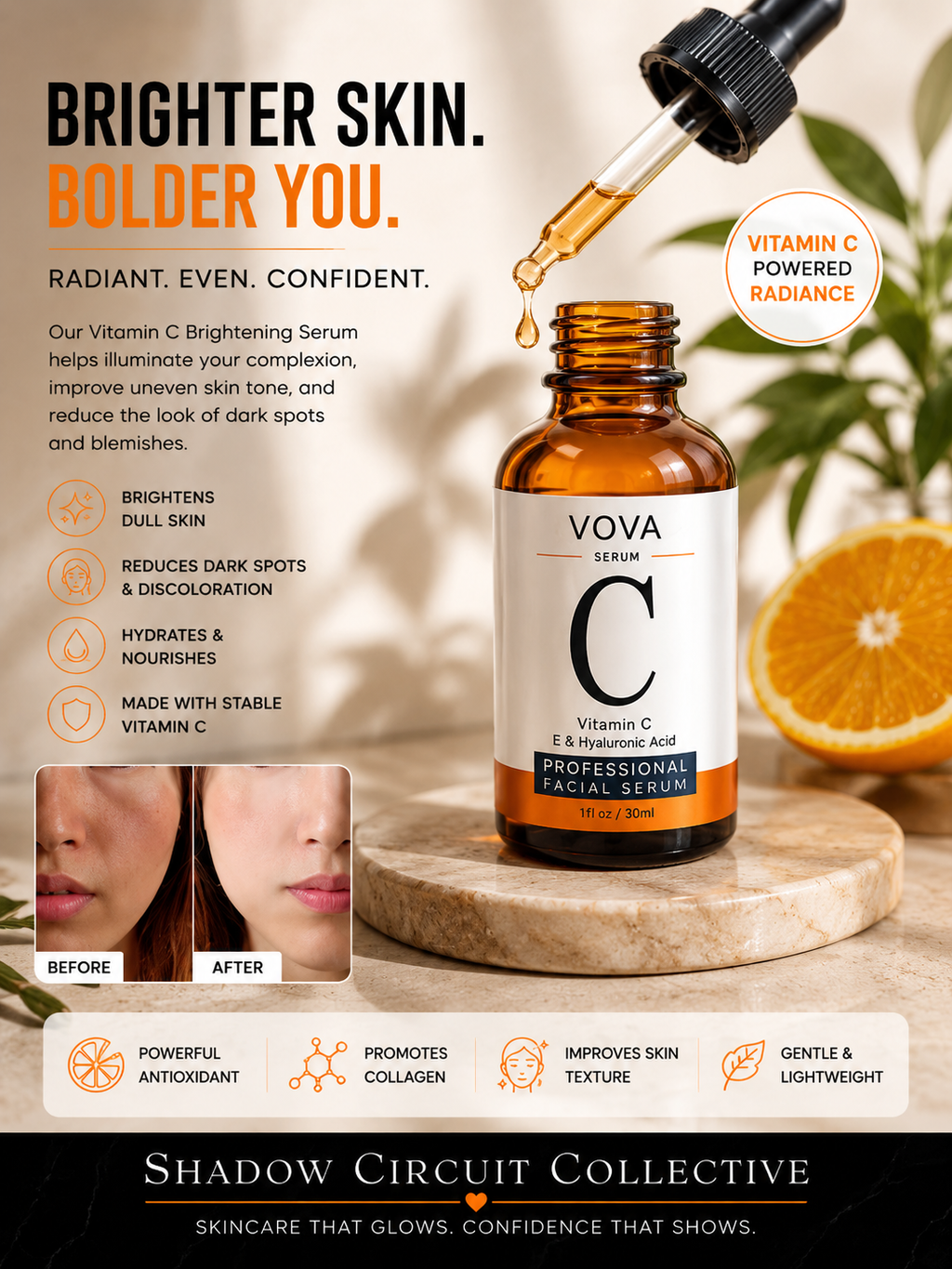 Vitamin C Brightening Facial Serum with Hyaluronic Acid & Ceramide Support Hydrating Glow Serum for Smooth, Radiant Skin Vitamin C Serum Facial Serum