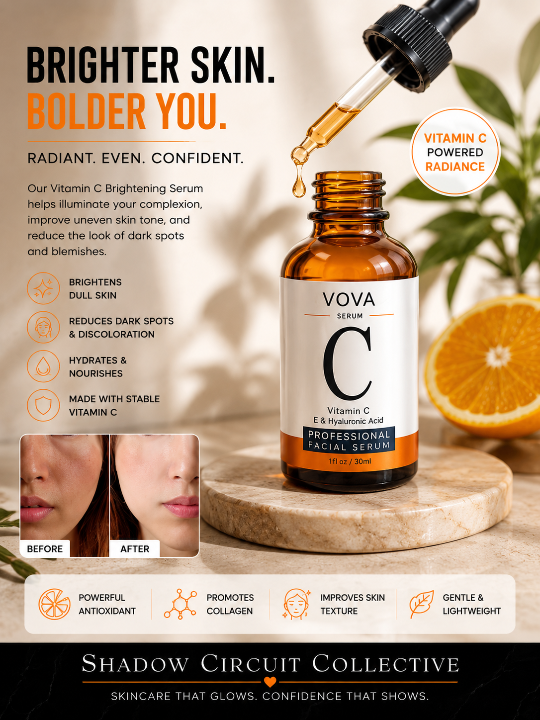 Vitamin C Brightening Facial Serum with Hyaluronic Acid & Ceramide Support Hydrating Glow Serum for Smooth, Radiant Skin Vitamin C Serum Facial Serum