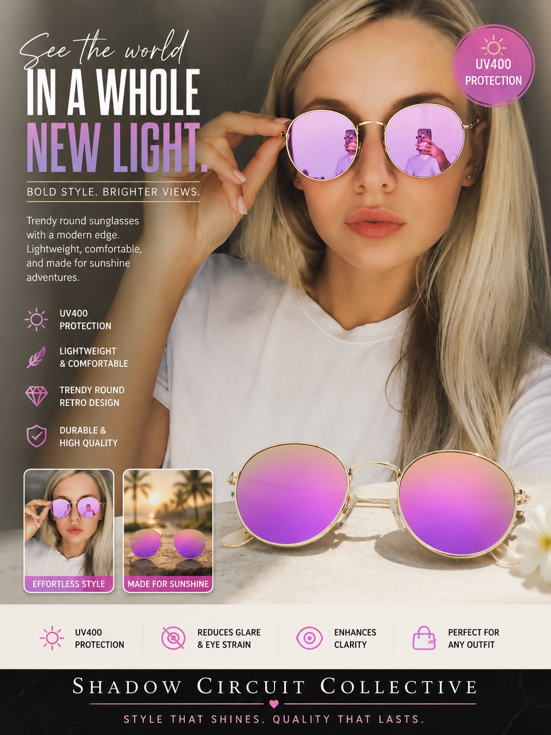Shop stylish mirror round sunglasses featuring UV400 protection, lightweight comfort, and a timeless retro design. Perfect for travel, beach days, festivals, driving, and everyday wear.Women Retro Sunglasses