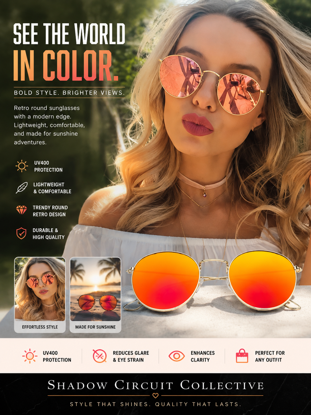 Shop stylish mirror round sunglasses featuring UV400 protection, lightweight comfort, and a timeless retro design. Perfect for travel, beach days, festivals, driving, and everyday wear.Women Retro Sunglasses