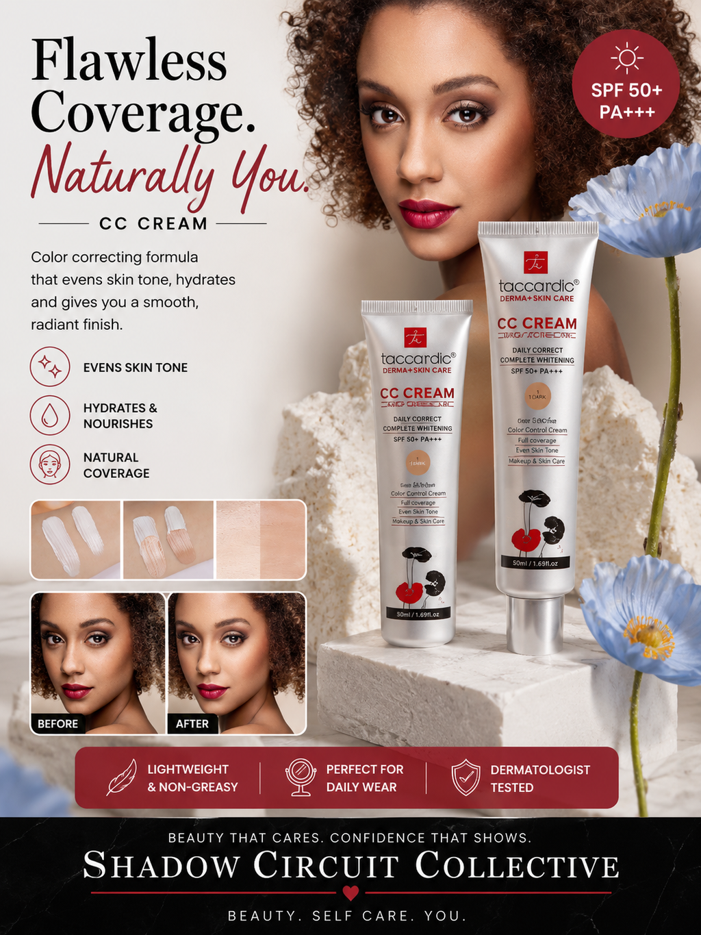 Flawless CC Cream SPF 50+ | Color Correcting Foundation Cream for Even Skin Tone, Natural Coverage & Daily Hydration