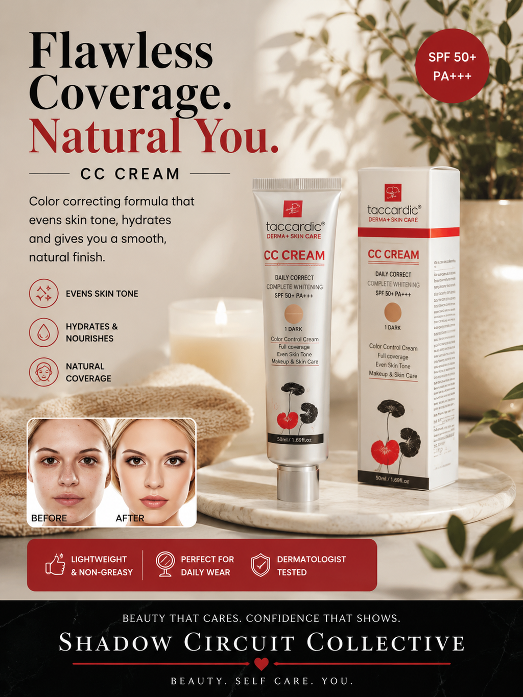 Flawless CC Cream SPF 50+ | Color Correcting Foundation Cream for Even Skin Tone, Natural Coverage & Daily Hydration