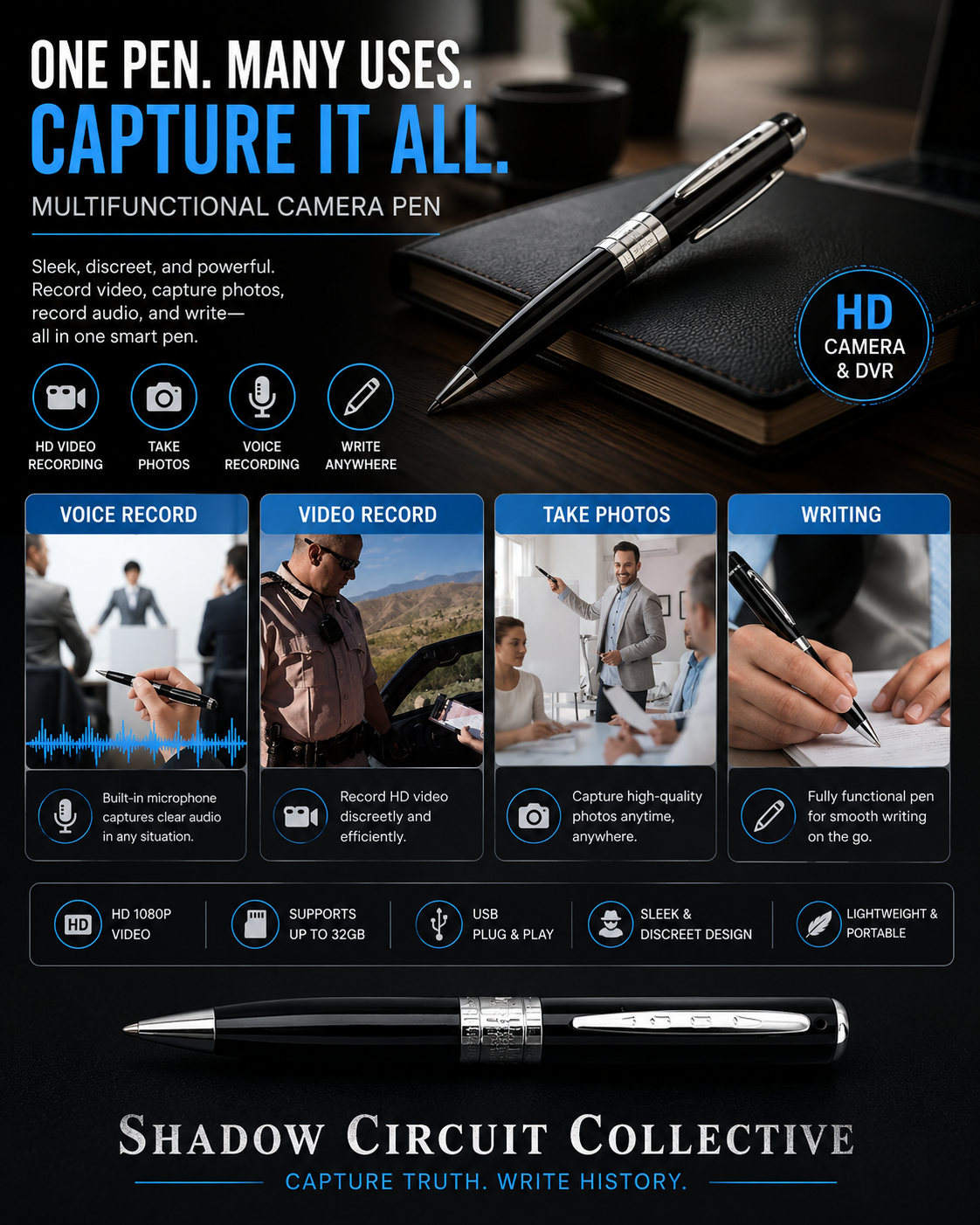 HD Spy Camera Pen | 1080P Hidden Video Recorder, Voice Recorder & USB Transfer | Discreet Recording Pen