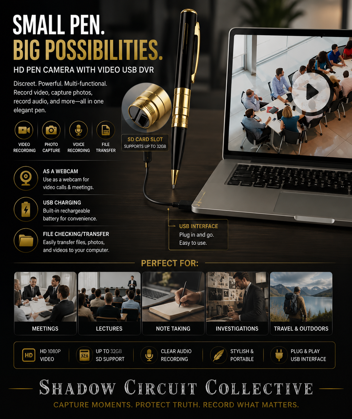 HD Spy Camera Pen | 1080P Hidden Video Recorder, Voice Recorder & USB Transfer | Discreet Recording Pen