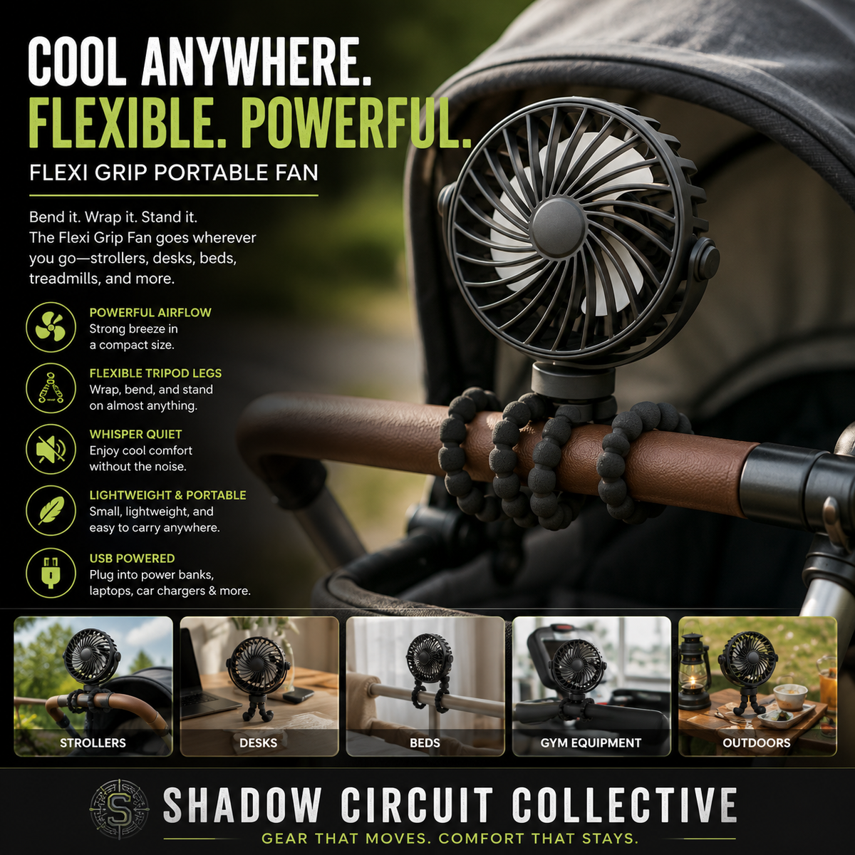 FlexiGrip USB Portable Clip Fan | Flexible Tripod Desk, Stroller & Travel Cooling Fan | Quiet Rechargeable Mini Fan