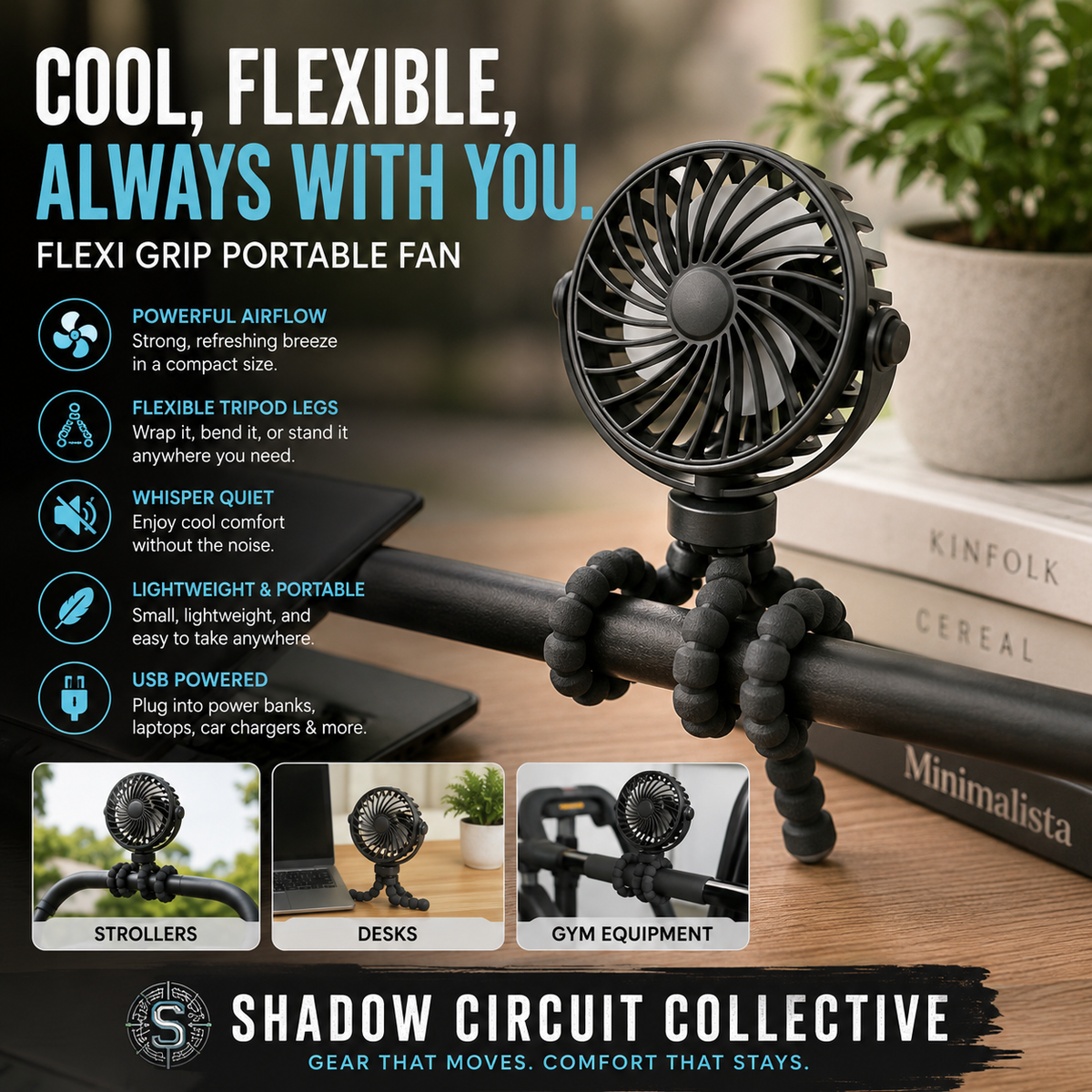 FlexiGrip USB Portable Clip Fan | Flexible Tripod Desk, Stroller & Travel Cooling Fan | Quiet Rechargeable Mini Fan