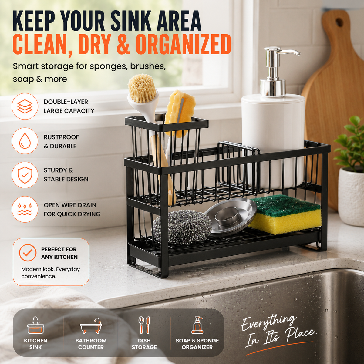 360° Rotating Sink Caddy Organizer | Dual-Layer Kitchen Counter Storage Rack with Drain Spout