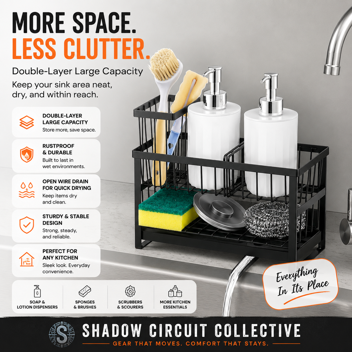 360° Rotating Sink Caddy Organizer | Dual-Layer Kitchen Counter Storage Rack with Drain Spout