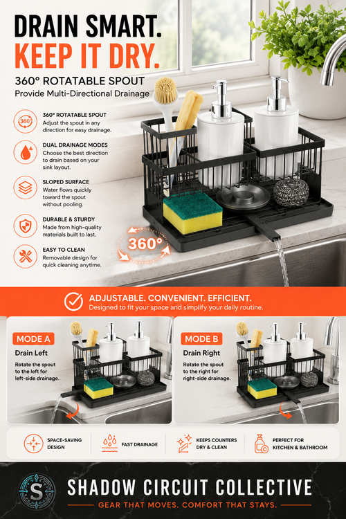 360° Rotating Sink Caddy Organizer | Dual-Layer Kitchen Counter Storage Rack with Drain Spout