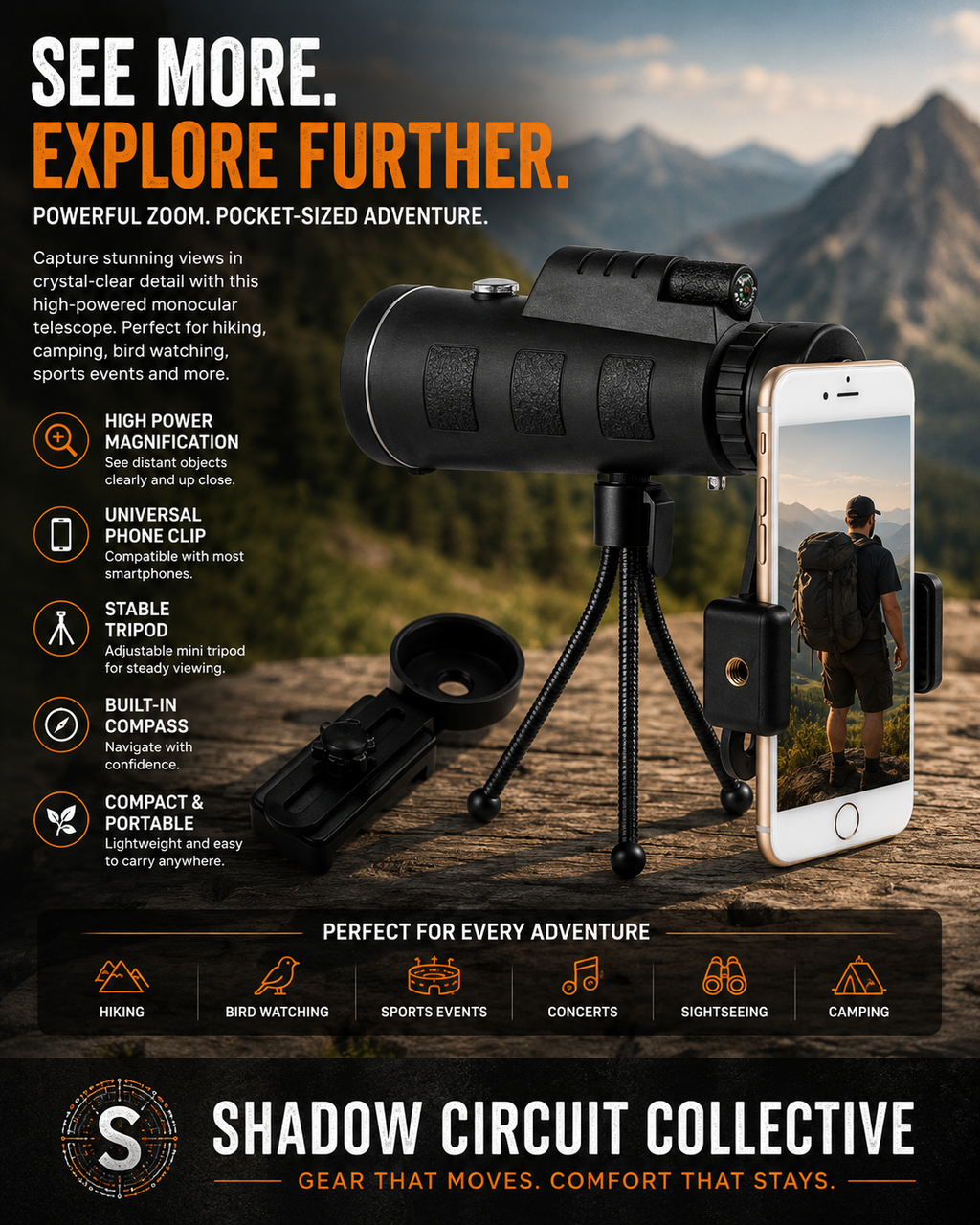 Compatible with Apple, Monocular Telescope Zoom Scope with Compass Phone Clip Tripod