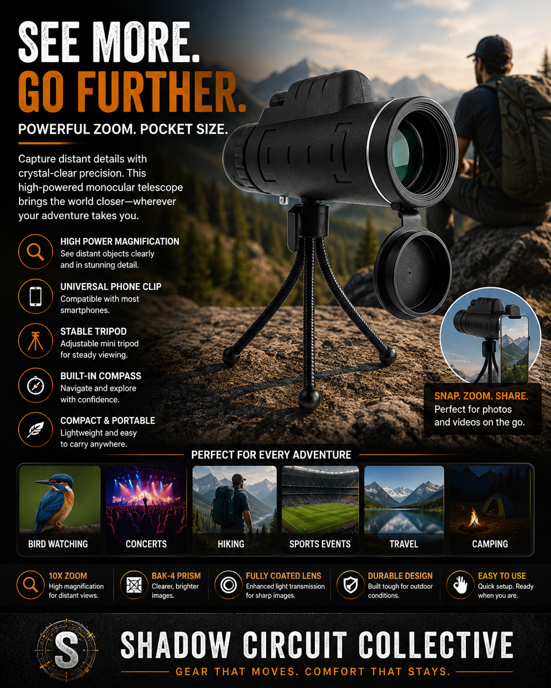 Compatible with Apple, Monocular Telescope Zoom Scope with Compass Phone Clip Tripod