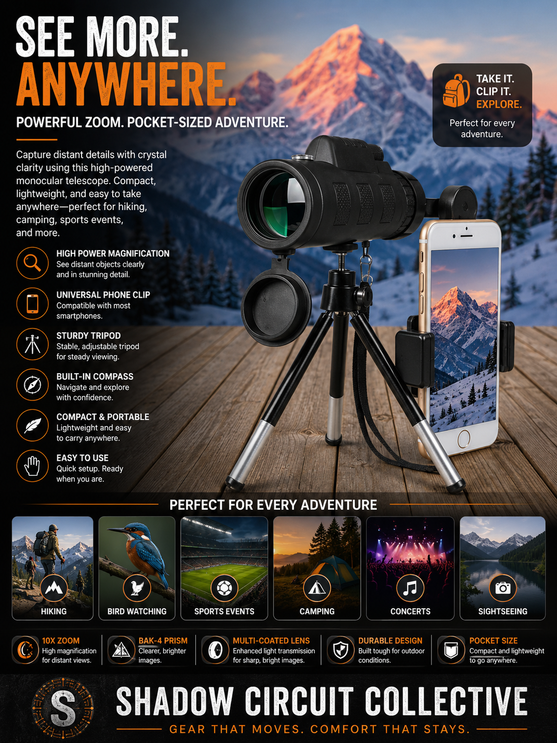 Compatible with Apple, Monocular Telescope Zoom Scope with Compass Phone Clip Tripod