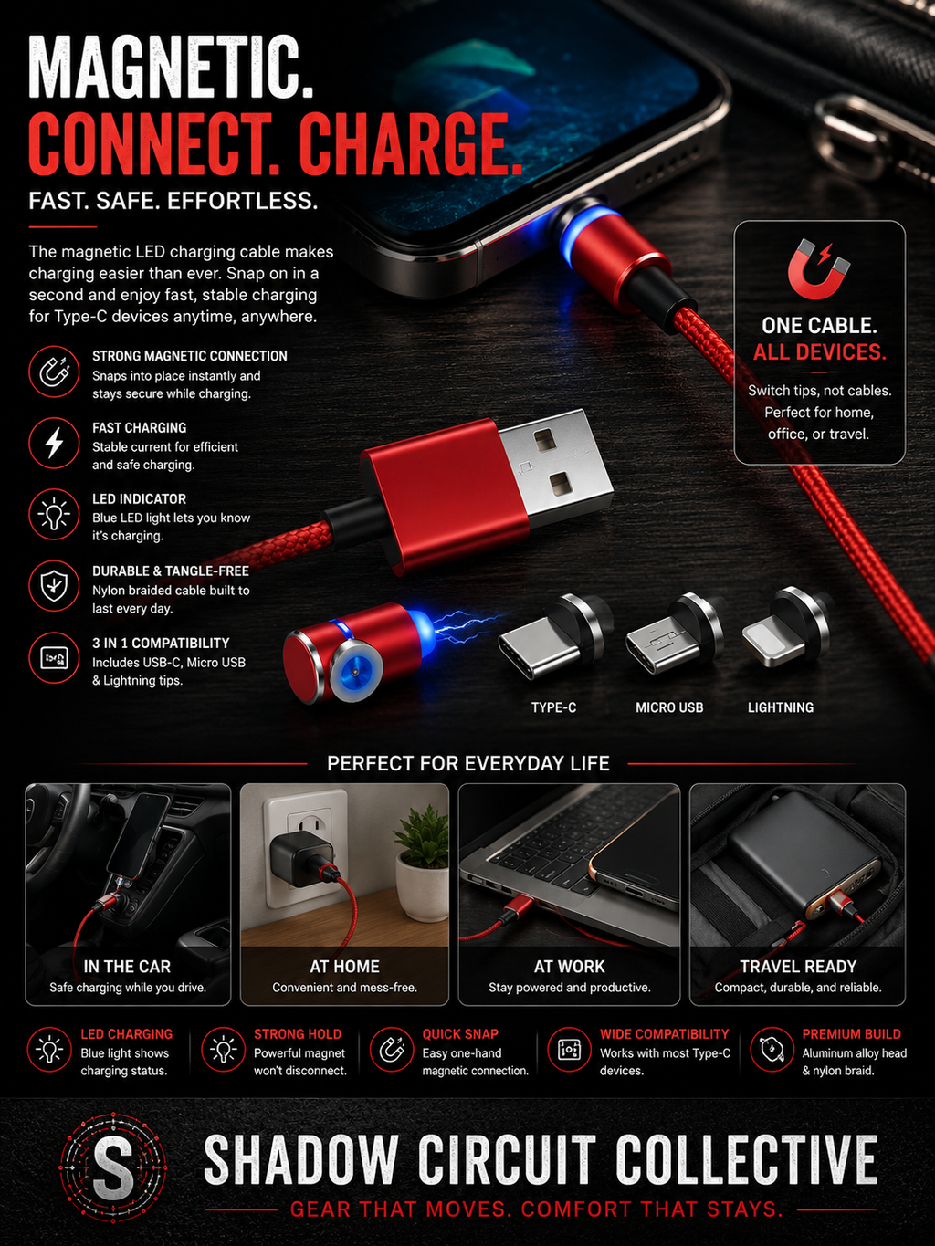 Stop Replacing Broken Charging Cables | 3-in-1 Magnetic Fast Charger Magnetic Cable LED Magnet Charger Cable USB Cable & USB Type-C USB C