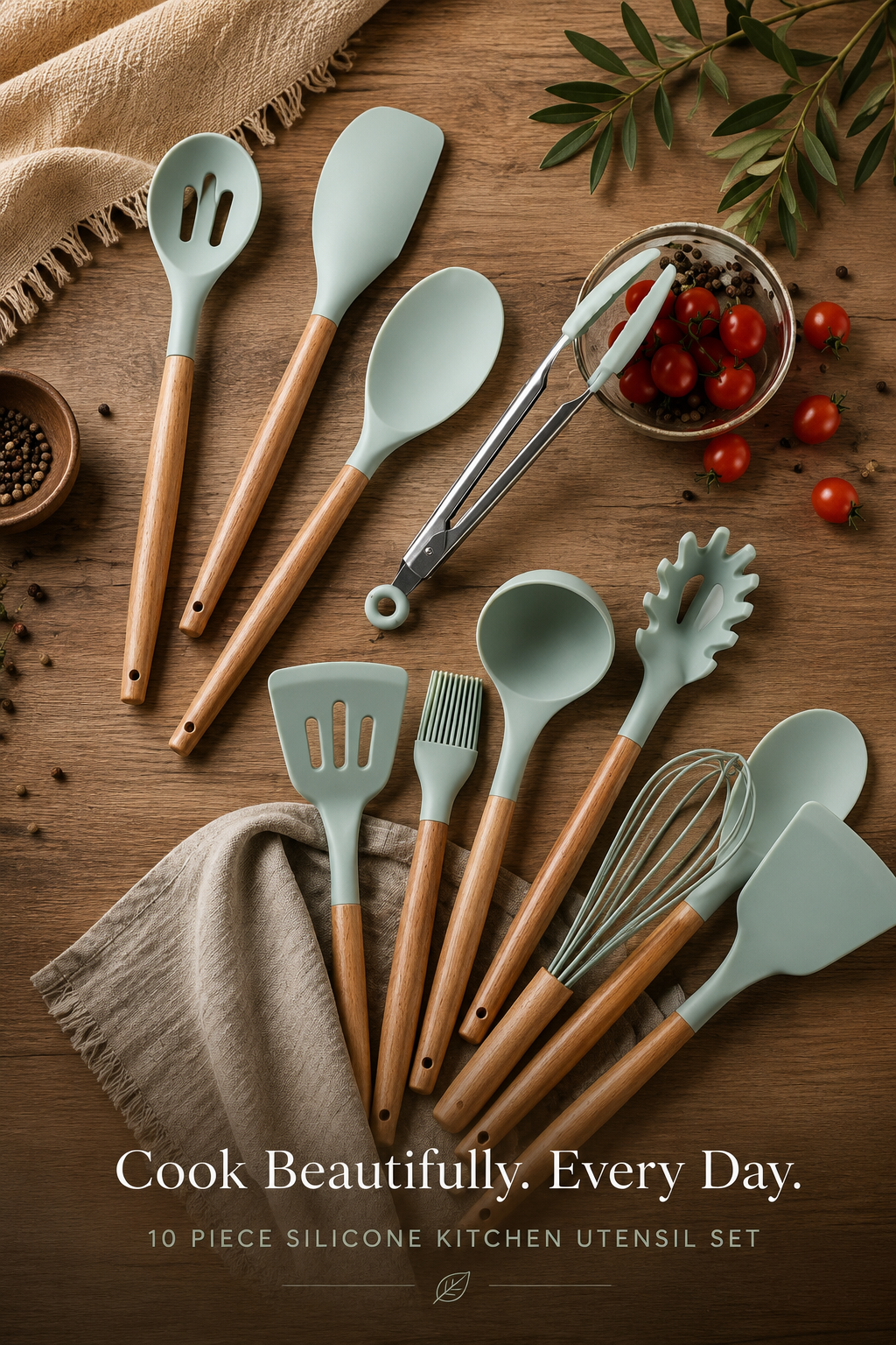 Stop Ruining Your Cookware | Premium 12-Piece Teal Silicone Kitchen Utensil Set with Wooden Handles & Holder | Heat Resistant Cooking Tools