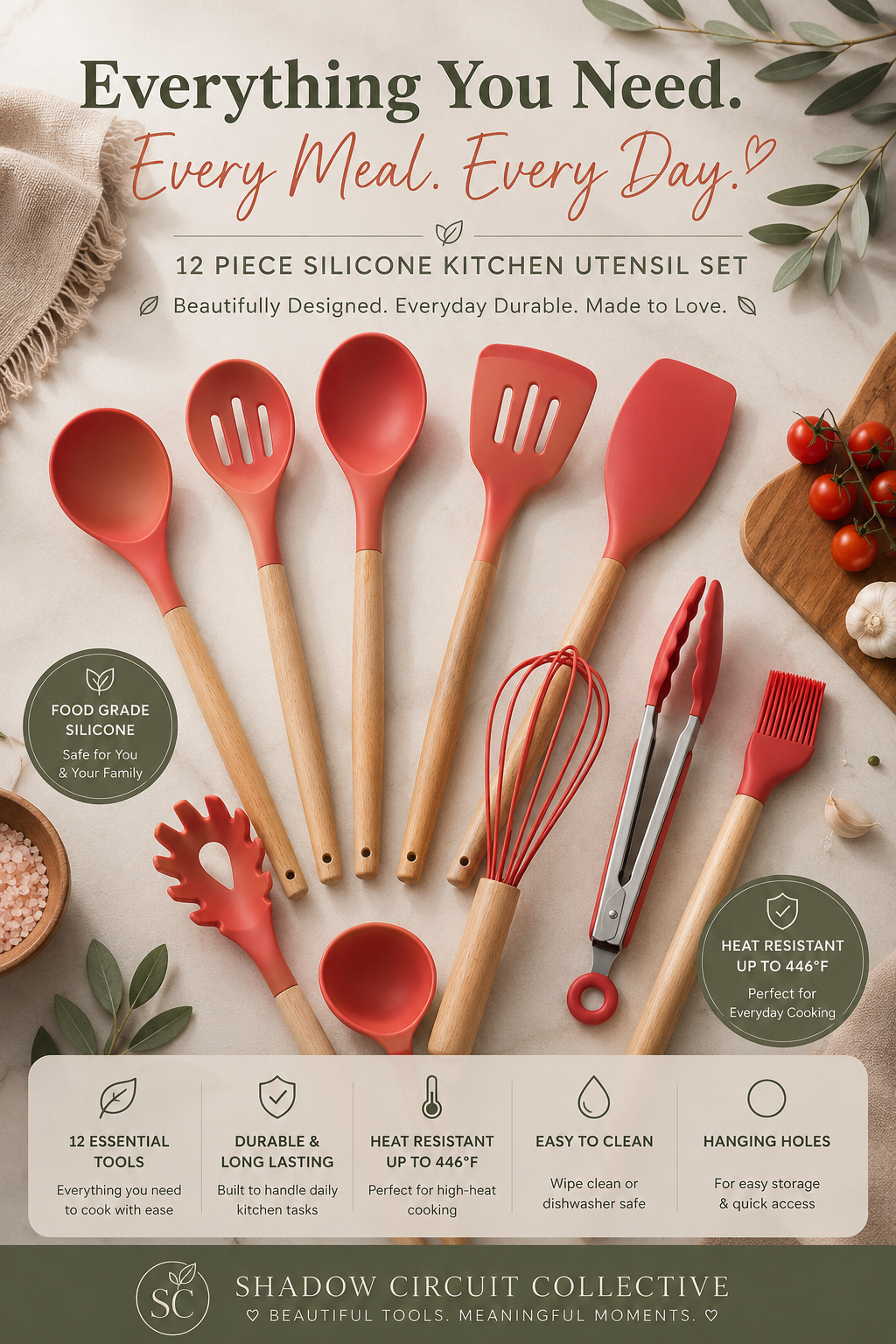 Stop Ruining Your Cookware | Premium 12-Piece Teal Silicone Kitchen Utensil Set with Wooden Handles & Holder | Heat Resistant Cooking Tools