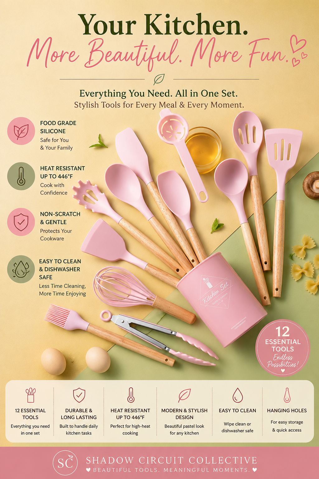 Stop Ruining Your Cookware | Premium 12-Piece Teal Silicone Kitchen Utensil Set with Wooden Handles & Holder | Heat Resistant Cooking Tools