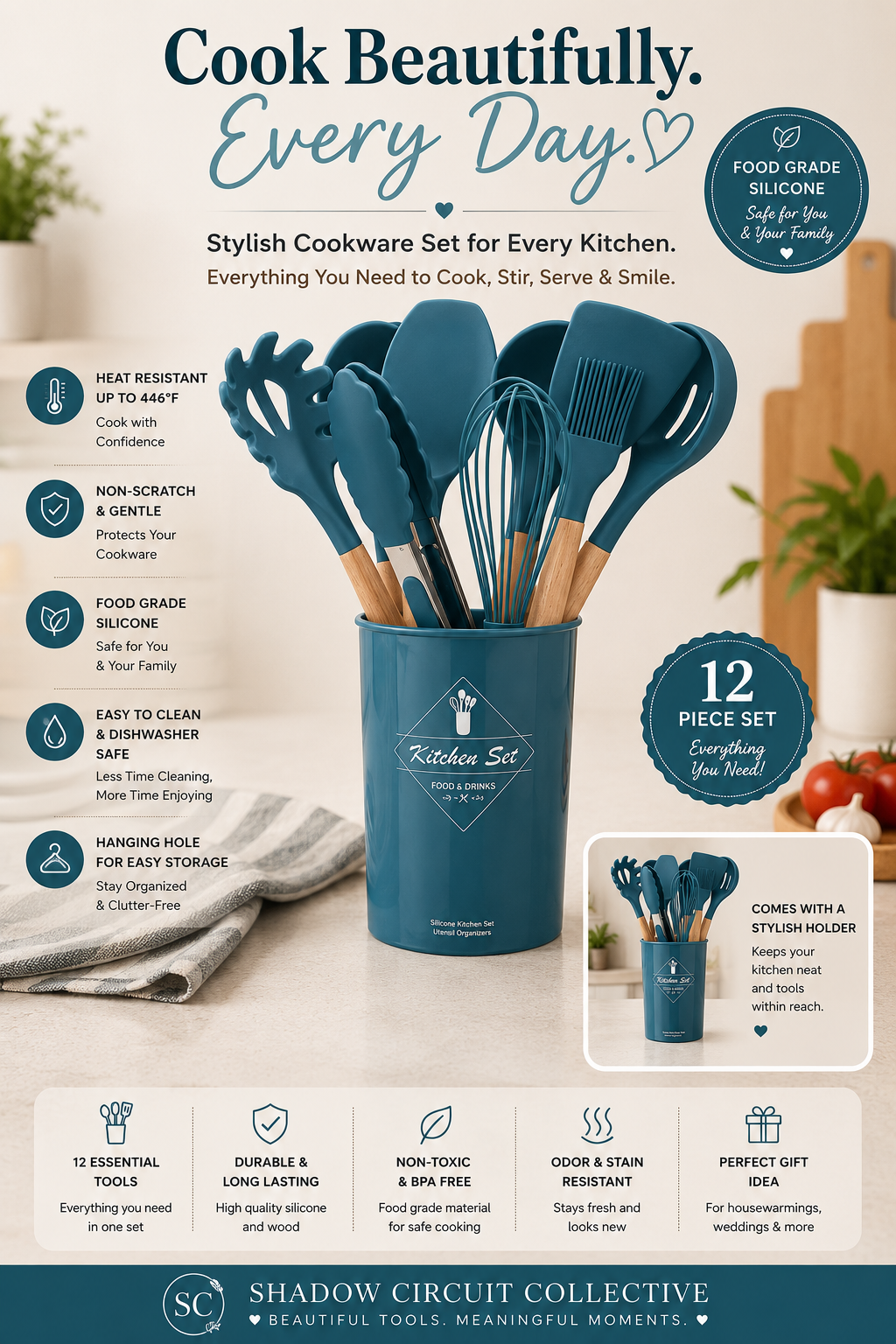 Stop Ruining Your Cookware | Premium 12-Piece Teal Silicone Kitchen Utensil Set with Wooden Handles & Holder | Heat Resistant Cooking Tools