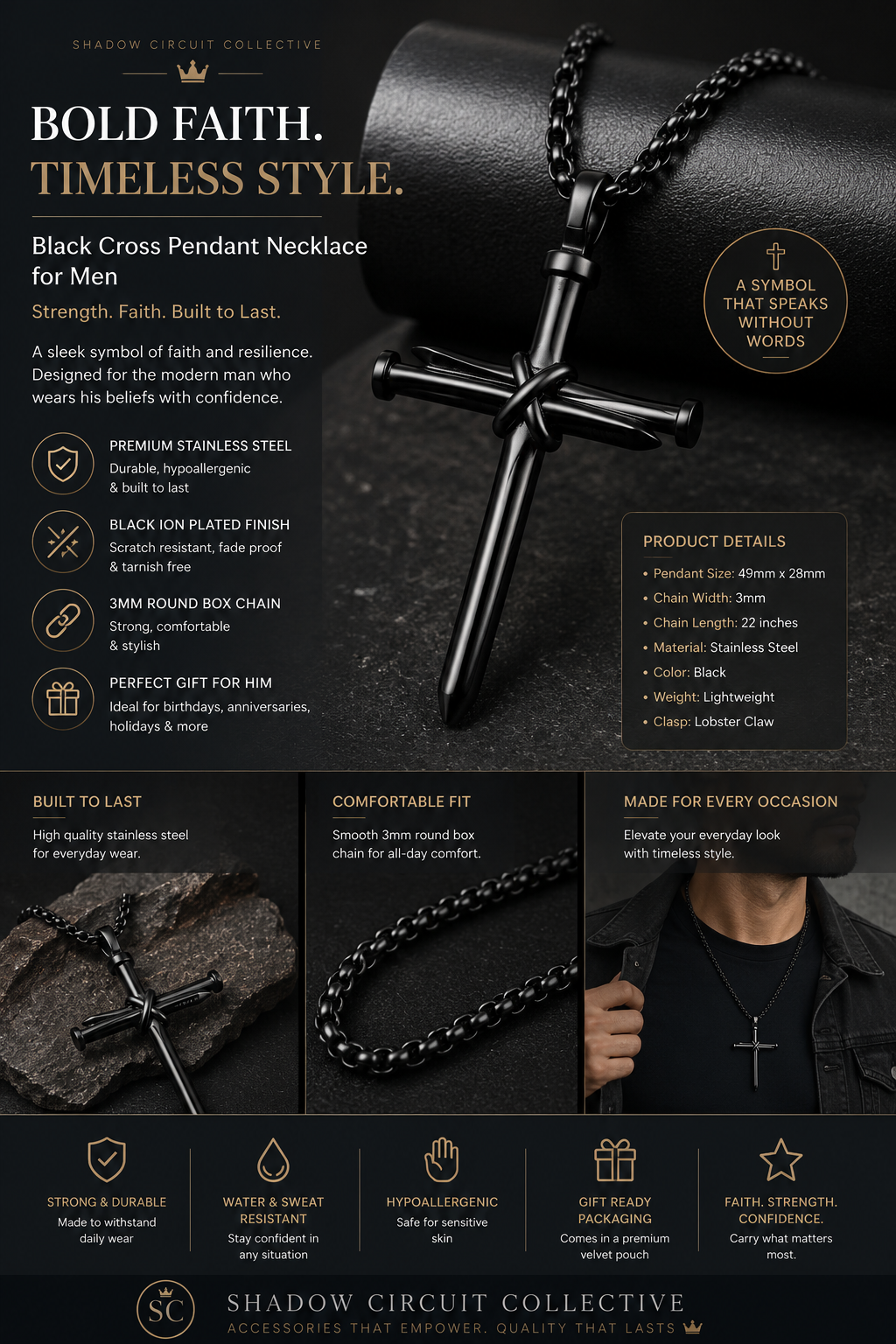 Stop Searching for the Perfect Men’s Gift | Premium Nail Cross Pendant Necklace Set (Gold, Silver & Black) | Stainless Steel Faith Necklace Collection