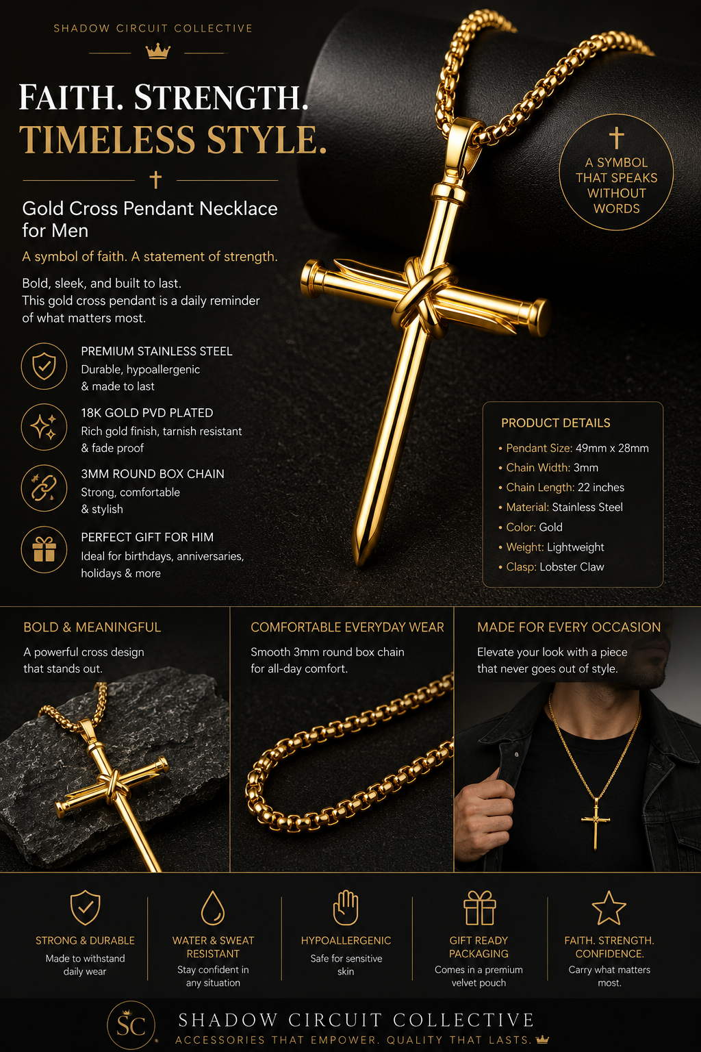 Stop Searching for the Perfect Men’s Gift | Premium Nail Cross Pendant Necklace Set (Gold, Silver & Black) | Stainless Steel Faith Necklace Collection