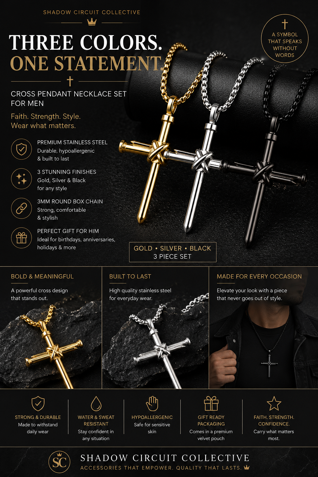 Stop Searching for the Perfect Men’s Gift | Premium Nail Cross Pendant Necklace Set (Gold, Silver & Black) | Stainless Steel Faith Necklace Collection